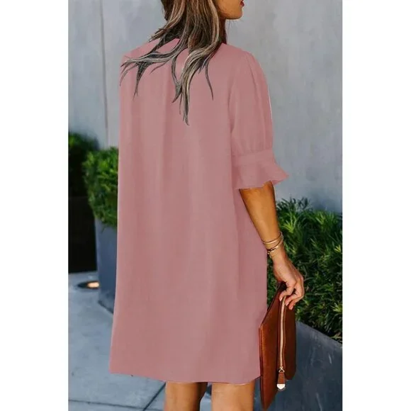 Women Dusty Pink Polyester V-Neck Loose Fit Short Sleeve Knee Length Shift Dress - Picture 5 of 6
